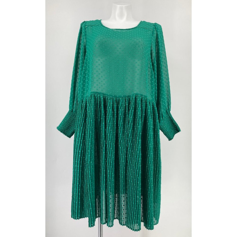 Anthropologie Dress Green Swiss Dot Pleated FLAW*